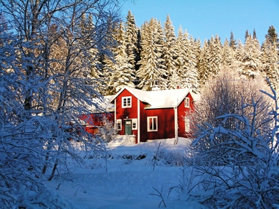 Rött hus landet snö